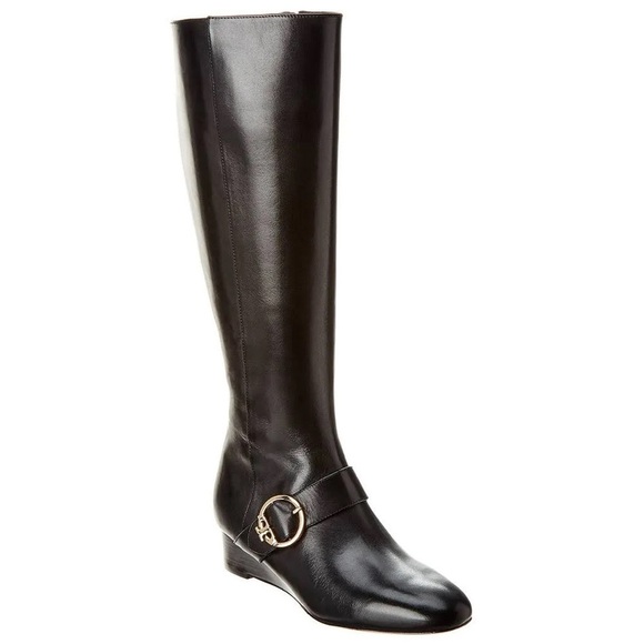 TORY BURCH Sophia Black Nappa Leather Tall Wedge Riding Boots - Picture 1 of 15